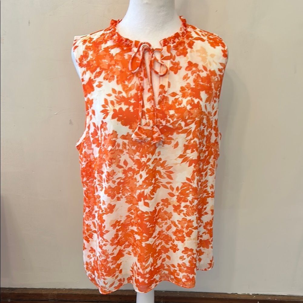 1. State orange floral sleeveless ruffle neckline blouse Size XL NWOT